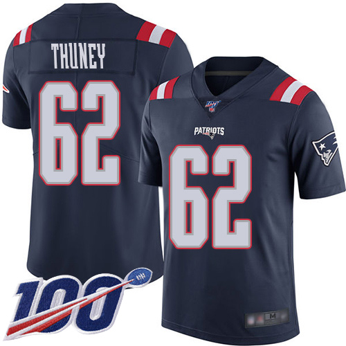 New England Patriots Football 62 100th Season Rush Vapor Limited Navy Blue Men Joe Thuney NFL Jersey